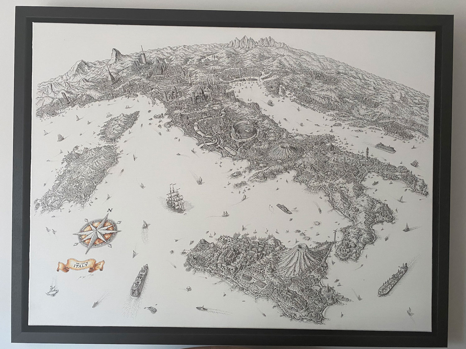 Seven wonder of the world pen and ink map artwork
