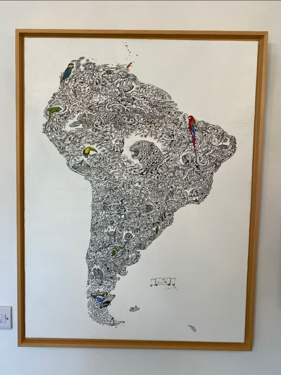 Africa and animal pen and ink map artwork