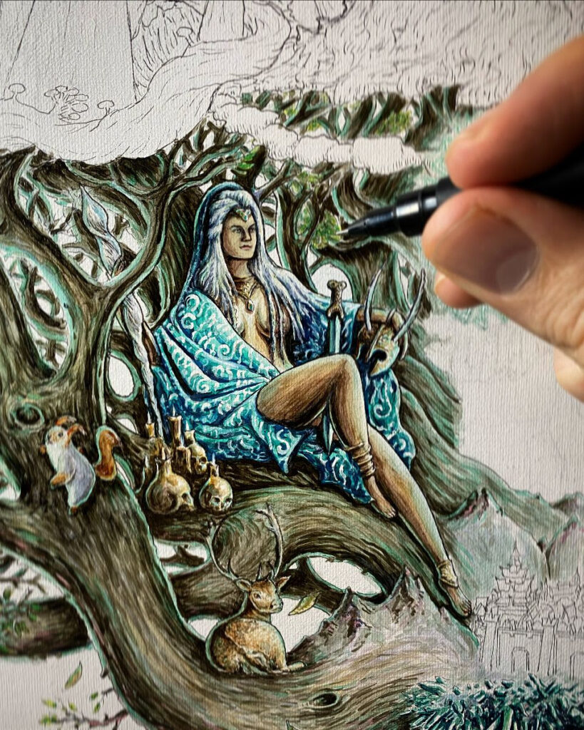 Frigg sitting high in the branches of Yggdrasil, overlooking her husband Odin.